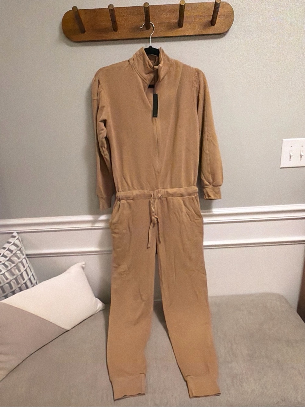 Monrow Women’s Tan Zip-Front Jumpsuit with Drawstring Waist